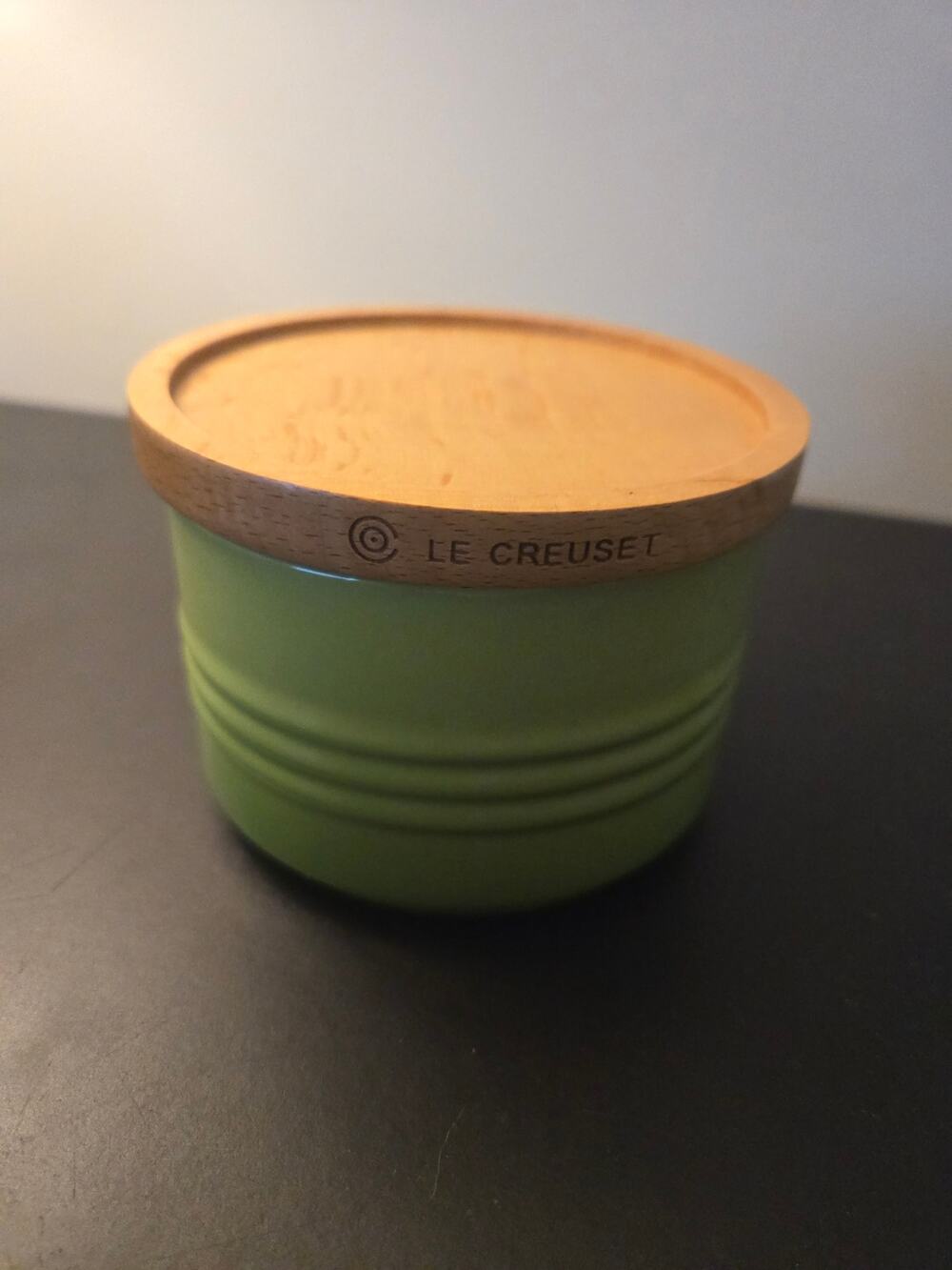 Le Creuset Small Storage Jar 680ml Palm Green with Wood Lid Stoneware
